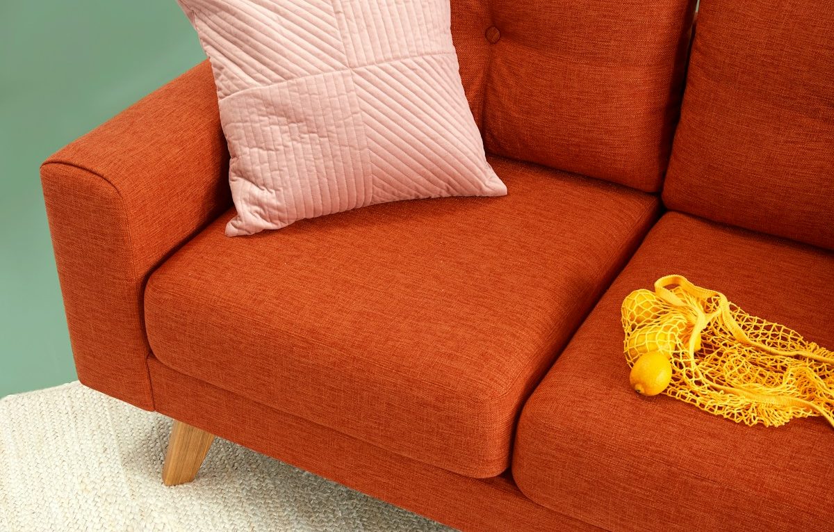 red fabric sofa